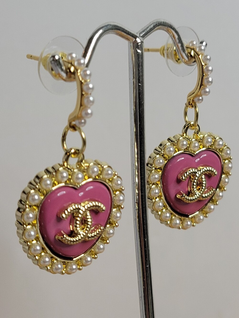 CC Gold Heart Drop Earrings with Pink Enamel and Pearls